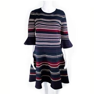 Ted Baker Navy Blue Striped Knit Fit and Flare Dress Women Size 10 Office Work